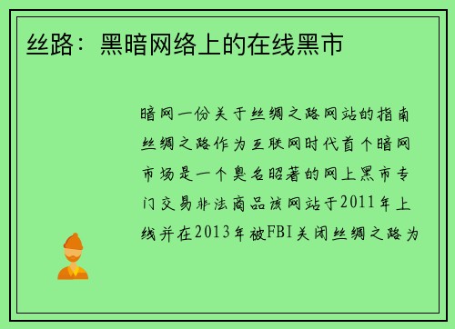 丝路：黑暗网络上的在线黑市